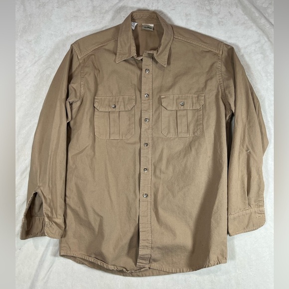 L.L. Bean Large Made in USA Vintage Duck Camo Canvas Khaki Shirt Workwear EUC - Picture 2 of 14
